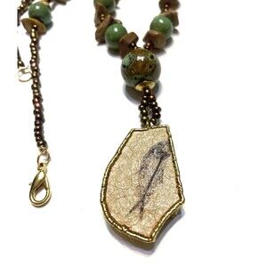 Fish Fossil Necklace 20” Stone and Pottery Beads Earthy Boho Specimen